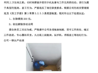 员工在厕所玩手机被拍遭开除 照片公示引争议 公司回应：管理人员门缝拍的 ！