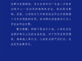 官方通报全红婵遭网暴：男子微信群发侮辱言论被行拘 !