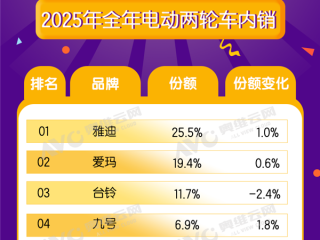 2025年电动自行车销量TOP10出炉：雅迪夺冠、独占超1/4 !