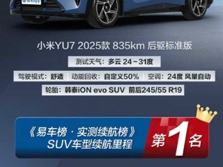 小米YU7标准版斩获SUV续航第1名：实测784km 比很多轿车都省电 ！